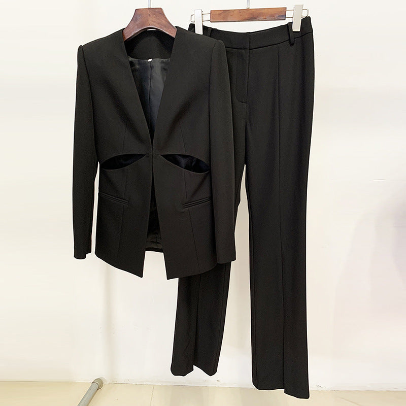 Dignified Hollow Out Cutout Collarless Blazer Slim Fit Slit Trousers Set