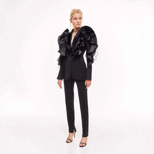 Special Interest Design High Grade Goddess Black Three Dimensional Patchwork Ruffled Blazers Asymmetric Slim Fit Thin Looking Blazers