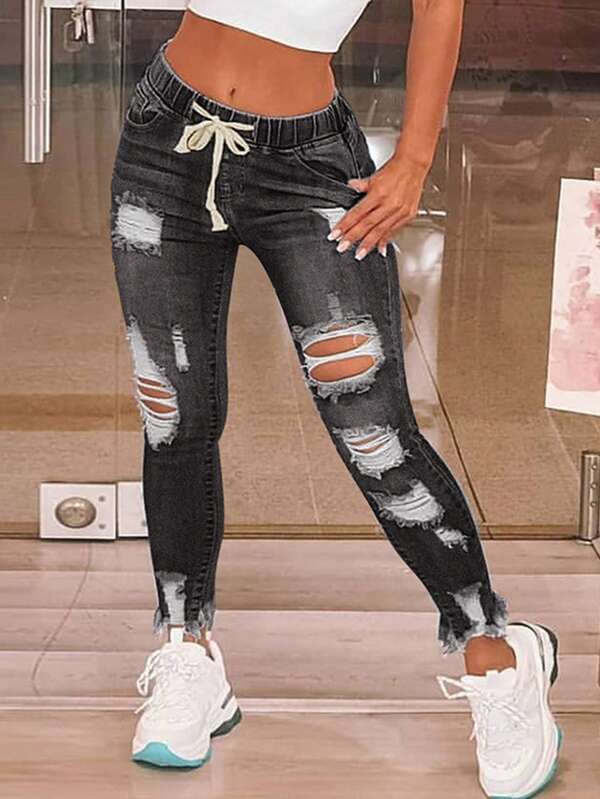 Temu Stretch Ripped Jeans for Women Slimming Elastic Skinny Pants Washed High Waist Jeans