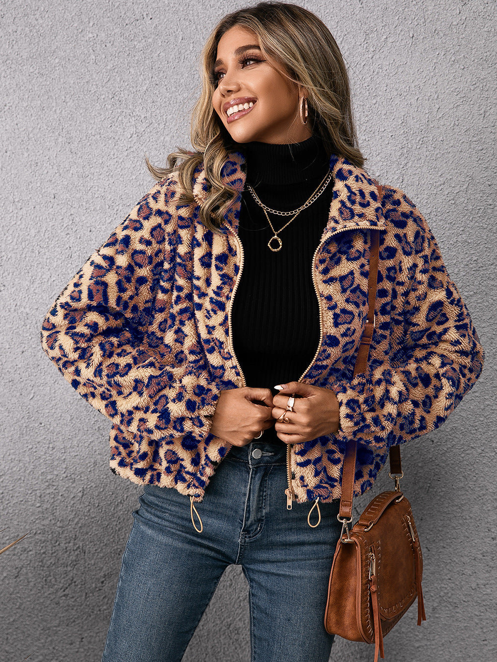 Leopard Print Collared Zipper Furry Jacket Long Sleeve Fleece Sweatshirt Coat Women