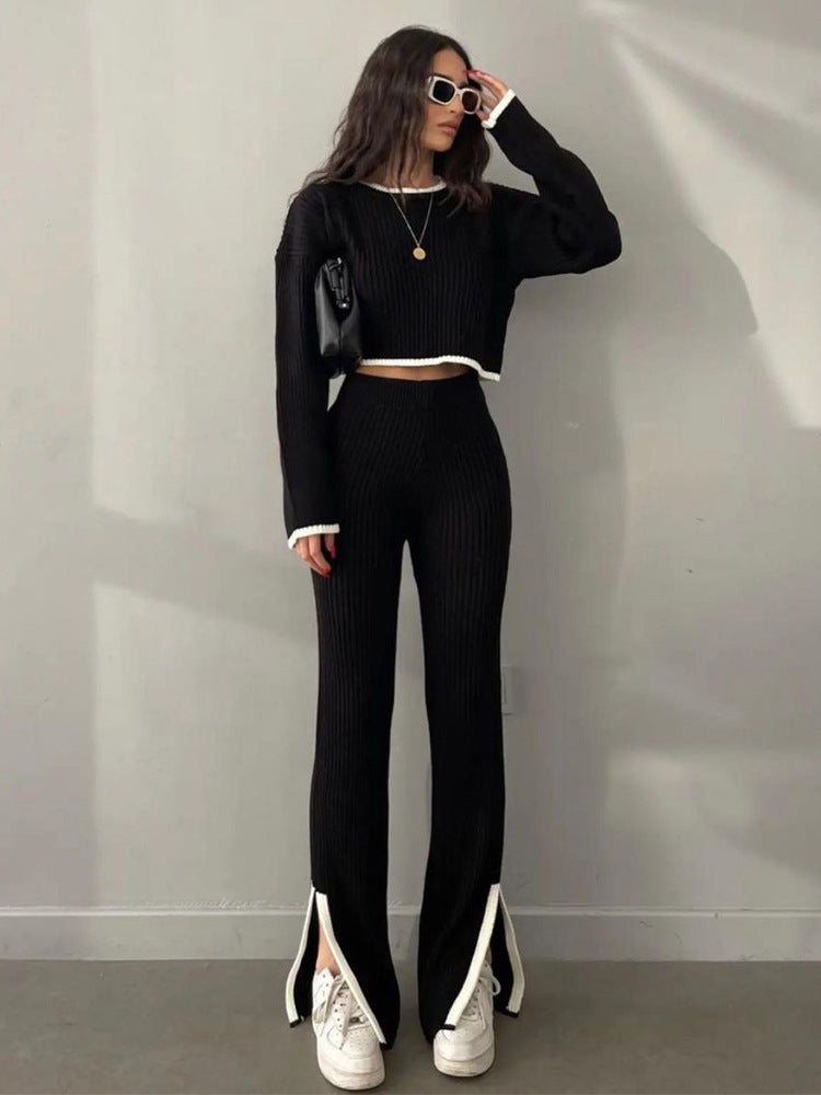 Autumn Winter Knitting Trousers Set round Neck Long Sleeve Short Sweater Color Contrast Patchwork Slit Knitted Two Piece Set for Women