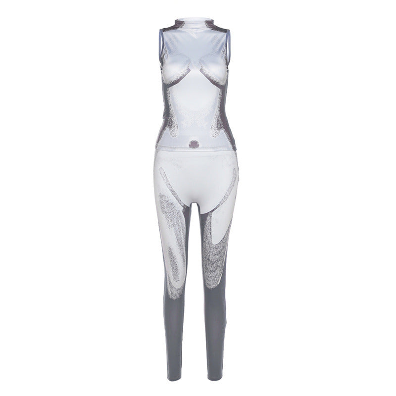 Spring Women Clothes Printed Turtleneck Sleeveless Tight Vest High Waist Slim Pants Set for Women