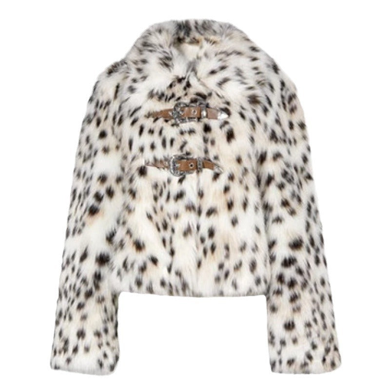 Women Fur Jacket Faux Fur Coat Collared Warm Wool Coat Casual Leopard Print Short Clothing