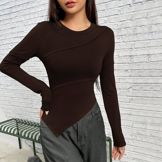 Autumn Winter Women Clothing Slim Fit Long Sleeved T shirt Asymmetric Round Neck Solid Color Sweater Top