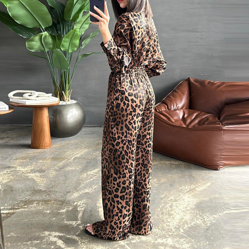 Long Sleeve Leopard Print Shirt Wide Leg Pants Two Piece Women Spring Autumn Shirt Sets