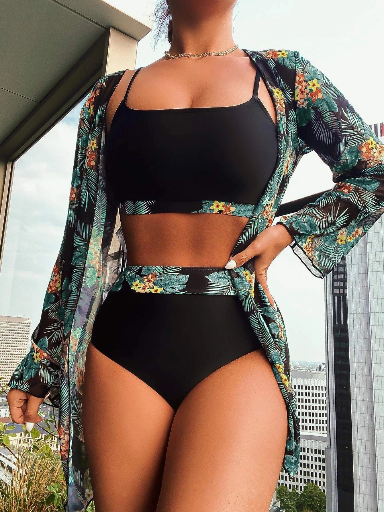 Swimsuit Women's Split Three Piece Suit High Waist Long Sleeves Blouse Shade Suit