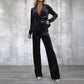 Rhinestone Velvet Work Pant Set Women Clothing One Button Long Sleeve Jacket Casual Pants