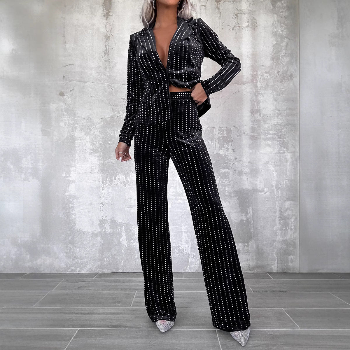 Rhinestone Velvet Work Pant Set Women Clothing One Button Long Sleeve Jacket Casual Pants