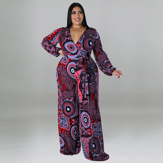 plus Size Women Clothes Printed Multi Color Long Sleeve Long Conjoined Trousers