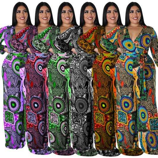 plus Size Women Clothes Printed Multi Color Long Sleeve Long Conjoined Trousers