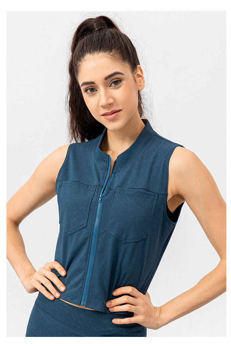 Women Sports Vest Workout Clothes Zipper Breathable Quick Drying Stand Collar Sleeveless Vest Imitation Denim Yoga Jacket
