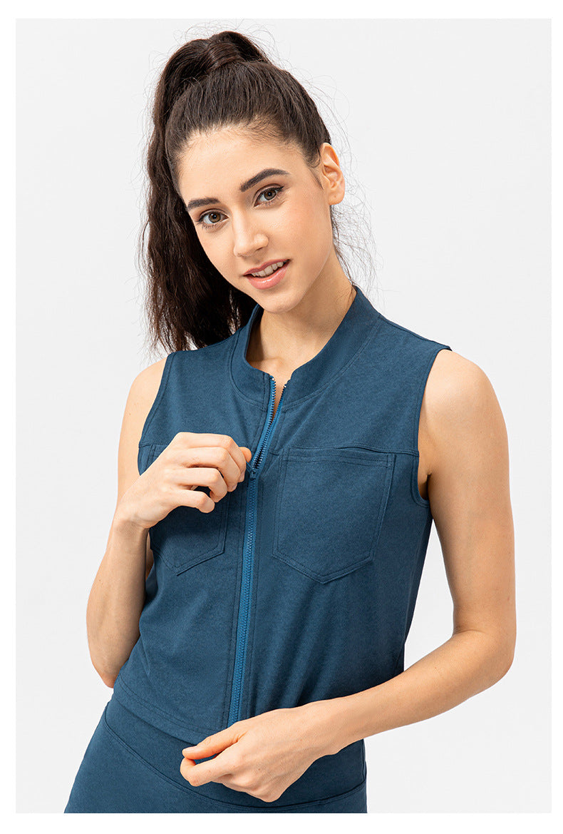 Women Sports Vest Workout Clothes Zipper Breathable Quick Drying Stand Collar Sleeveless Vest Imitation Denim Yoga Jacket