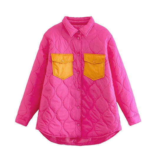 Autumn Women Loose Contrast Color Quilted Shirt Cotton Coat Jacket