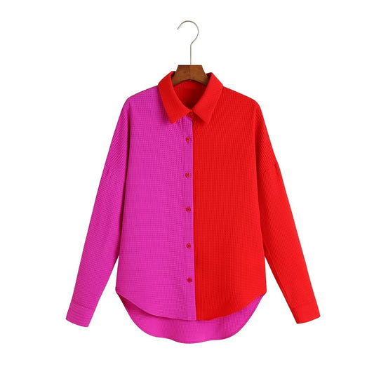 Spring Collared Simple Loose Color Block Rose Shirt Women Clothing