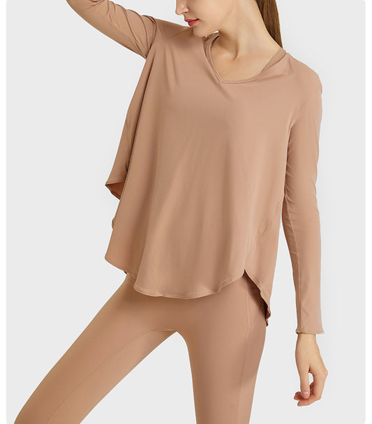 Light Thin Loose Moisture Wicking Yoga Workout Top Slimming Belly Covering Irregular Asymmetric Swing Circumference Quick Drying Long Sleeve