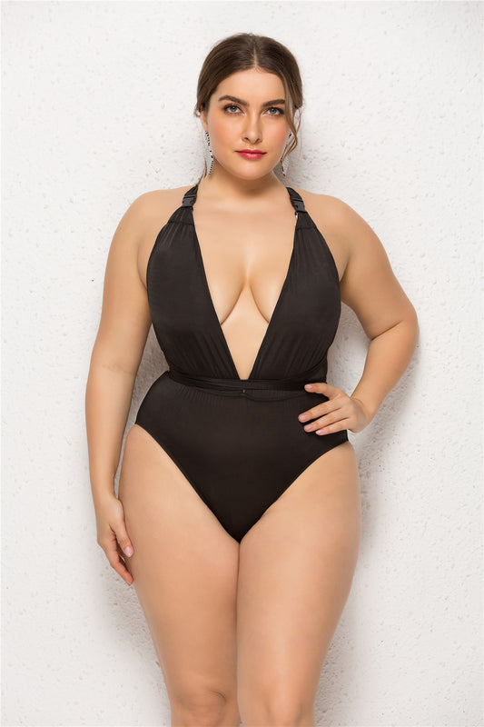 Plus Size Woman One Piece Swimsuit One-Piece Deep V Plunge Plunge Sexy Women Swimsuit Solid Color Swimsuit