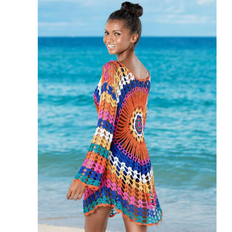 Crochet évidé découpe Blouse plage tricoté Blouse à manches longues vacances vêtements Bikini arc-en-ciel Protection solaire vêtements