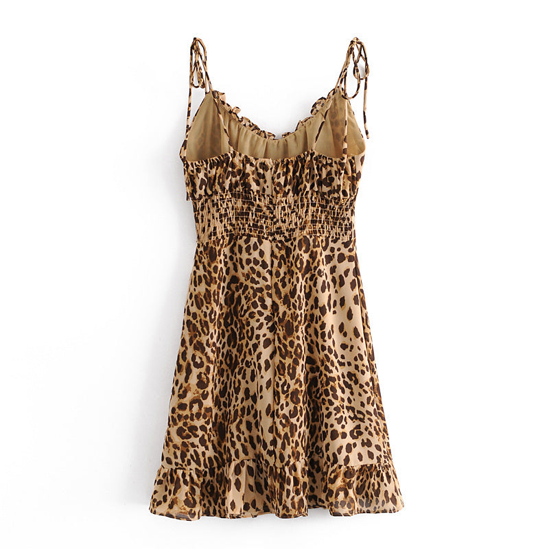 Spring Pullover V neck Spaghetti Strap Strappy Bow Lace up Sexy Backless Leopard Print Dress