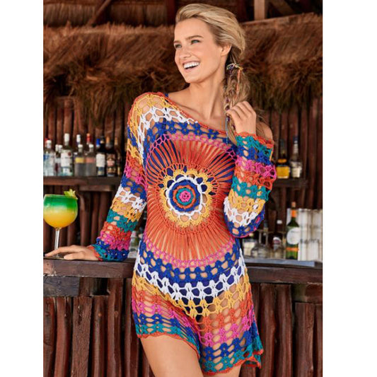 Crocheted Hollow Out Cutout Blouse Beach Knitted Blouse Long Sleeve Vacation Clothes Bikini Rainbow Sun Protection Clothing