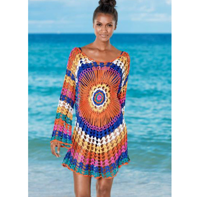 Crochet évidé découpe Blouse plage tricoté Blouse à manches longues vacances vêtements Bikini arc-en-ciel Protection solaire vêtements