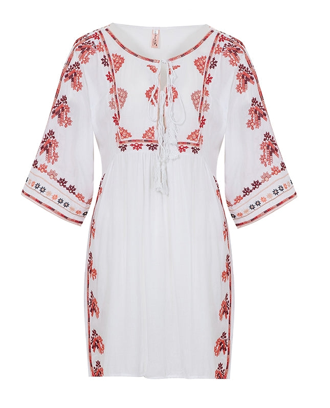 Women  Spring And Summer New Embroidered Bohemian Holiday Style BabyDoll Wind Solid Color Loose Dress