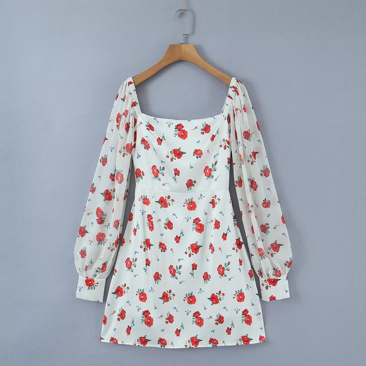 Pullover Square Collar Short Sleeve Elastic Knitted Floral Print Dress Women Clothing Yama