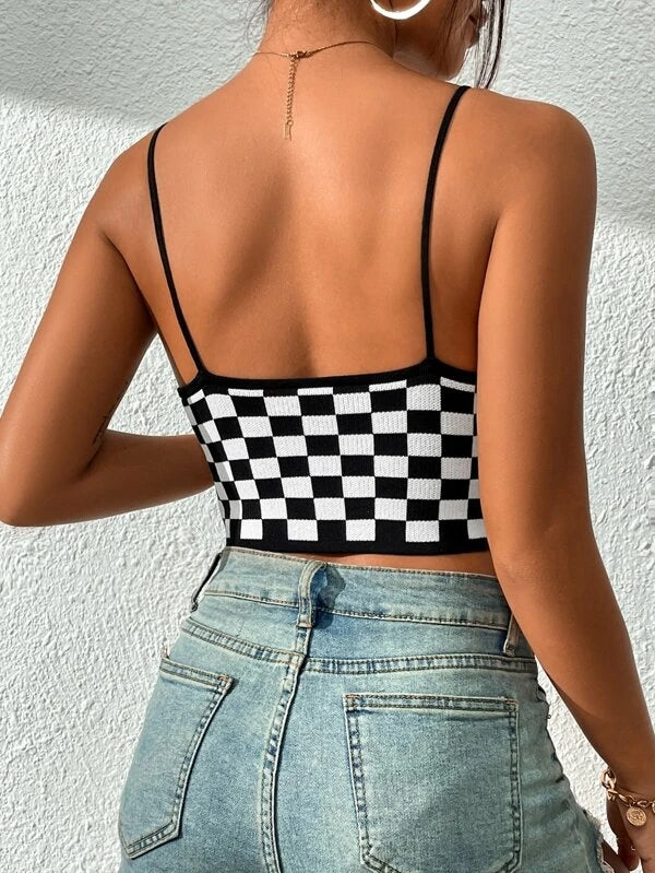 Women Summer Sexy V Neck Black And White Check Short Camis