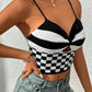 Women Summer Sexy V Neck Black And White Check Short Camis