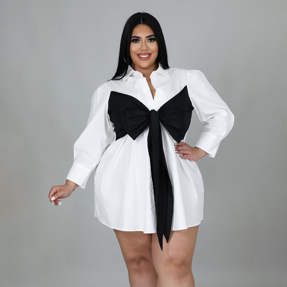 Plus Size Solid Color Stitching Lace up Loose Shirt Dress