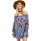 Women Spring and Summer New Bohemian Denim Cotton Embroidered Shoulder Dress