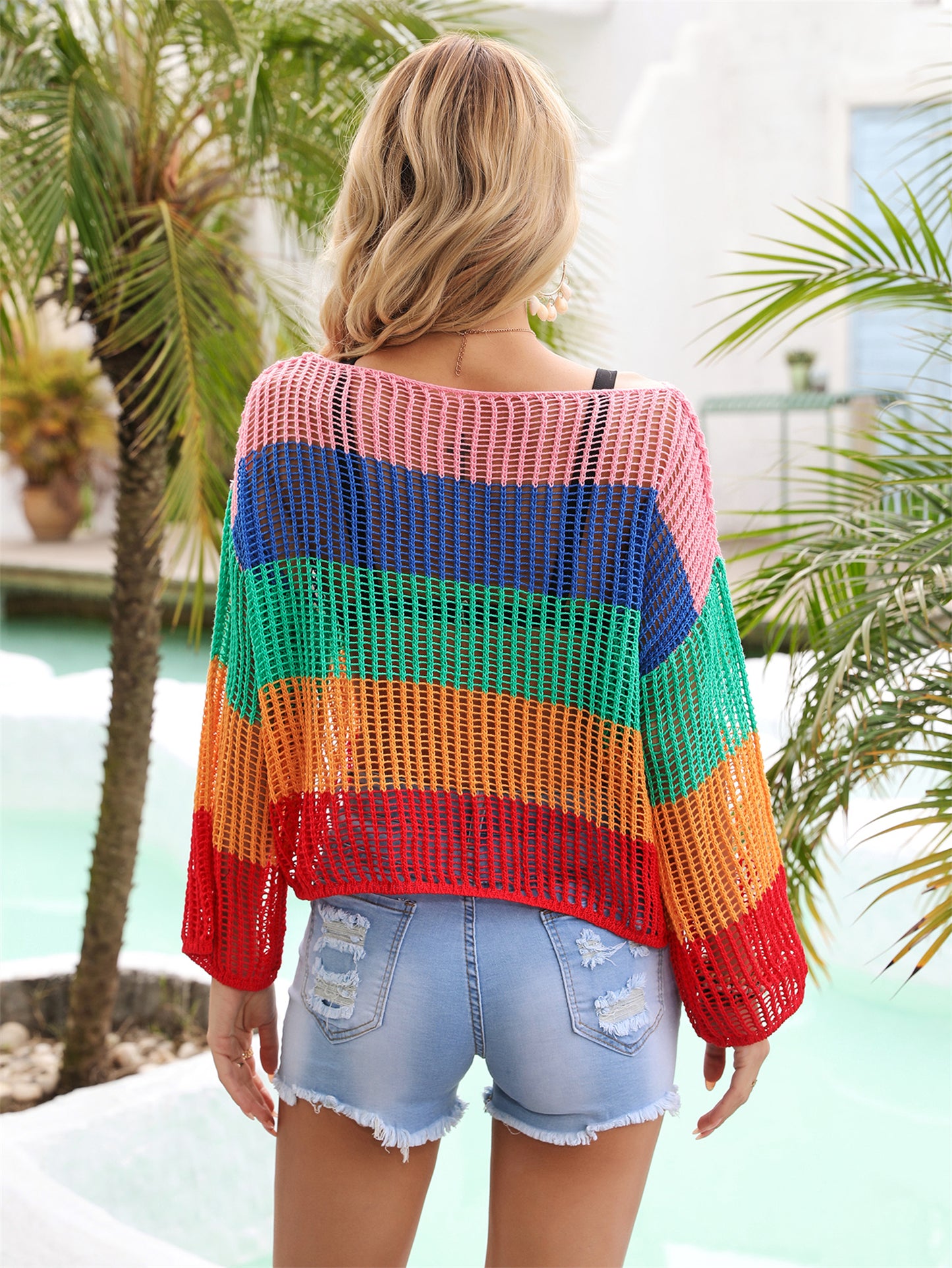 Summer Cutout Blouse Holiday Knitwear Long Sleeve Sun Protection Overshirt Rainbow Shirt