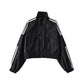 Stand Collar Zipper Jacket Small Coat Retro Street Long Sleeve Three Bars Color Contrast Short Waist Tight Cardigan Top