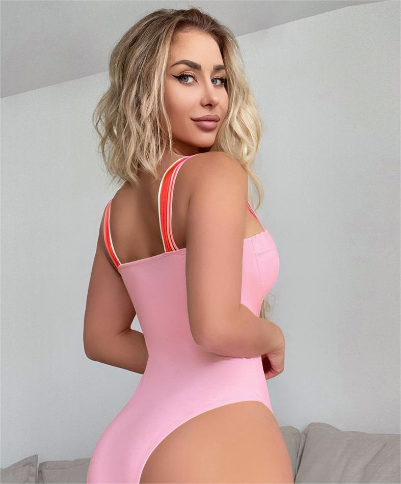 One Piece Swimsuit Women Pink Wide Shoulder Strap Tight One Piece Swimsuit