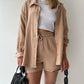 Spring Summer Casual Solid Color Shirt Shorts Two Piece Set Women
