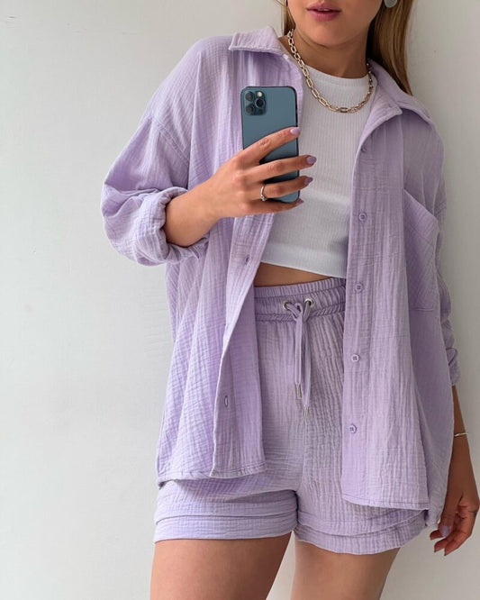 Spring Summer Casual Solid Color Shirt Shorts Two Piece Set Women