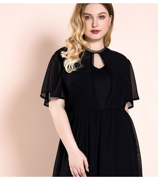 Plus Size Women Summer Ruffled Fairy Lace Black Dress Chiffon Vacation Dress