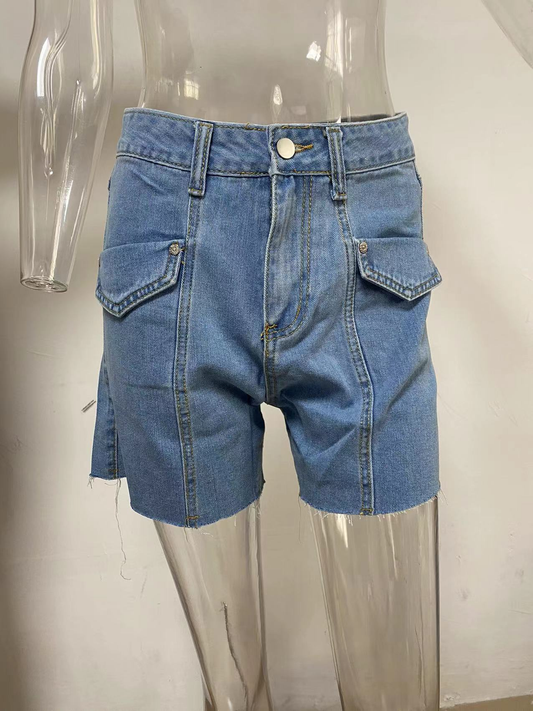 Casual Solid Color Washed High Waist Denim Shorts