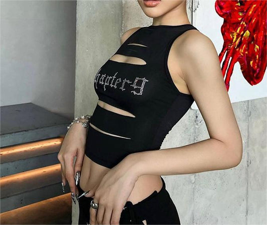 Women Clothing Summer Burnt round Neck Sleeveless Hollow Out Cutout Slim Fit Cropped Outerwear Vest Women