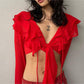 Women Clothing Spring Solid Color Long Sleeve See through Irregular Asymmetric Short Tied Top