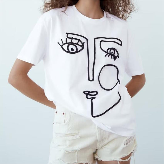 Casual White Top Embroidered Details Decorative Round Neck Short Sleeve T Shirt