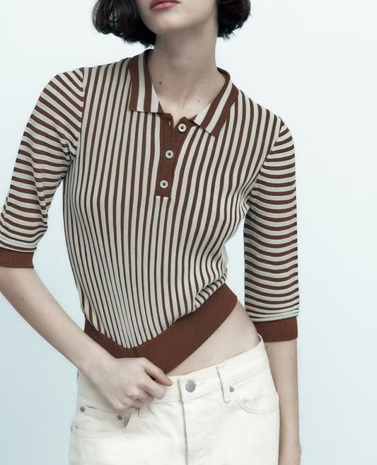 Spring Summer Women Square Collar Casual Striped Knitted Polo Shirt Sweater