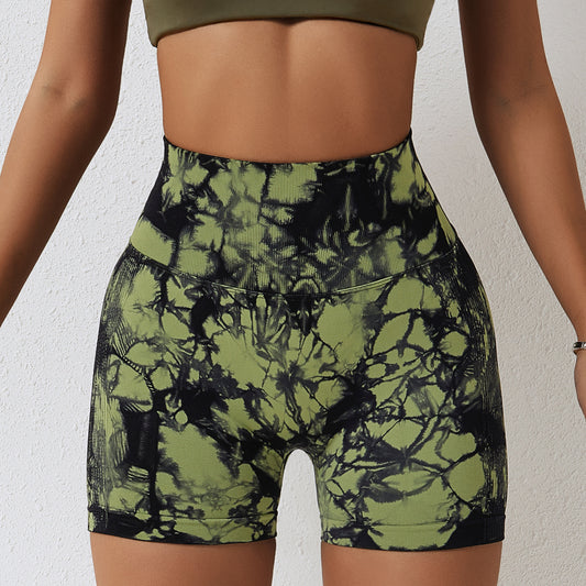 Tie Dye Seamless High Waist Belly Contracting Yoga Shorts Peach Hip Raise Skinny Sports Fitness Shorts