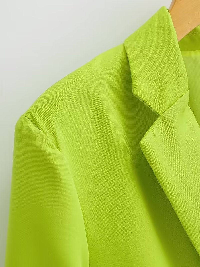 Women Commuting Wear Fluorescent Green Pocket One Button Blazers