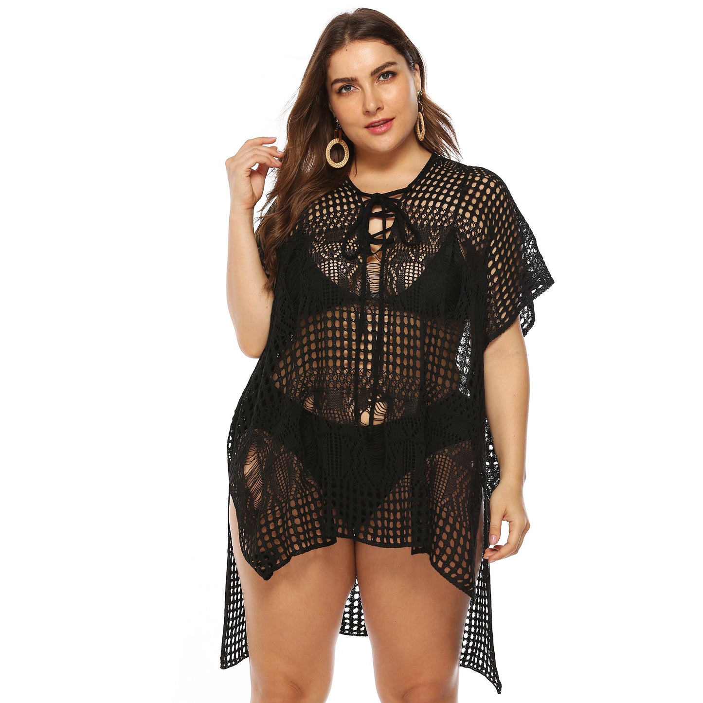 Plus Size Women Clothing Loose Irregular Asymmetric Hollow Out Cutout out See-through Beach Cover Up