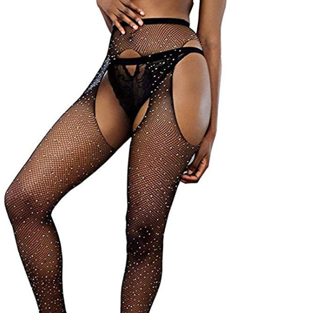 Sexy con apertura sul cavallo Collant con strass a maglia sottile Sexy Lingerie Nightclub Performance Dance Women