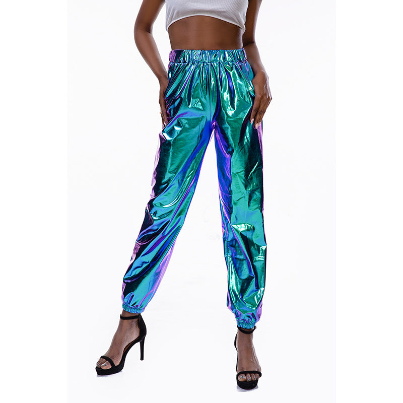 Casual Sports Street Hip Hop Party Pantaloni colorati lucidi Pantaloni da donna larghi con laser ologramma