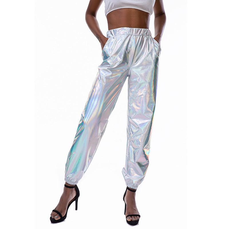 Casual Sports Street Hip Hop Party Pantalon coloré brillant Hologram Laser Loose Women Pants