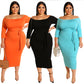 Plus Size Women Clothing Summer New Solid Color off-the-Neck Dress