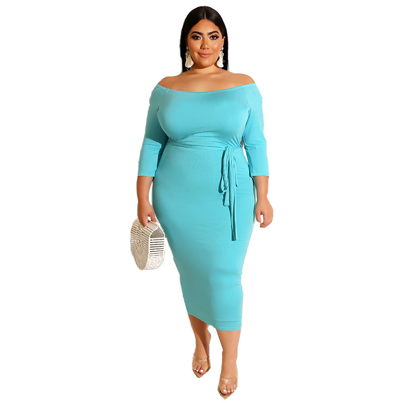 Plus Size Women Clothing Summer New Solid Color off-the-Neck Dress