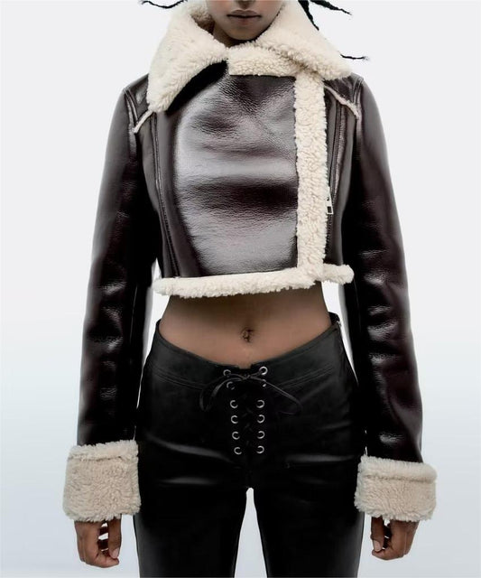Retro High Waist Short Leather Jacket Top Women Winter Fleece Lined Thickened Niche Sexy Long Sleeve Coat